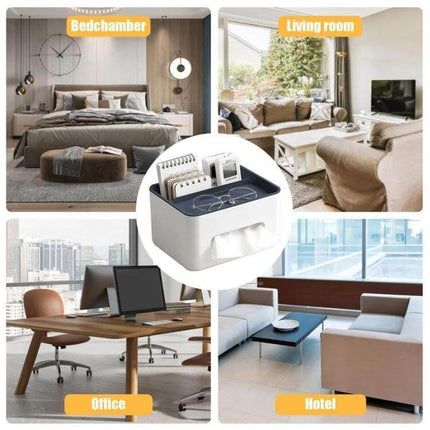 Two-Compartment Tissue Box And Remote Organizer For Desk on table showing tissues, phone holder and storage compartments for bedroom, living room, office