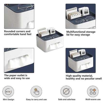 Two-Compartment Tissue Box And Remote Organizer For Desk showing dual compartments, phone holder, tissue outlet and compact PP plastic design