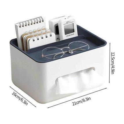 Two-Compartment Tissue Box And Remote Organizer For Desk with phone holder, two storage compartments and top tray for glasses and notepads