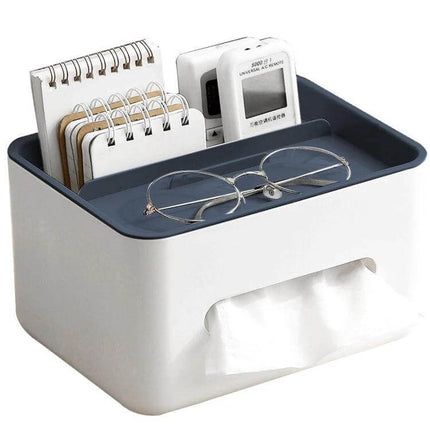 Two-Compartment Tissue Box And Remote Organizer For Desk with compartments holding glasses, remotes, notebooks and top phone holder - white and navy compact desk organizer