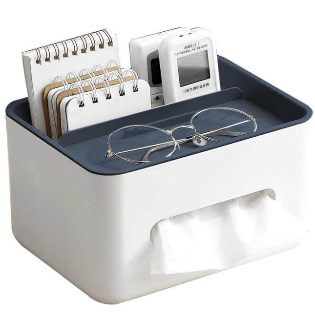 Two-Compartment Tissue Box And Remote Organizer For Desk with compartments holding glasses, remotes, notebooks and top phone holder - white and navy compact desk organizer