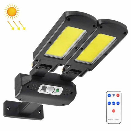 Two-Head Solar Motion Light For Outdoor Wall Ideal For Doorways – dual COB LEDs, polycrystalline solar panel, 600 lumens outdoor motion-sensing security light