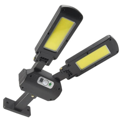 Two-Head Solar Motion Light For Outdoor Wall Ideal For Doorways - dual COB LED heads, polycrystalline solar panel, 600 lumens, adjustable outdoor wall light