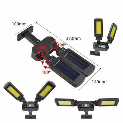 Two-Head Solar Motion Light For Outdoor Wall Ideal For Doorways - adjustable dual COB LED heads, polycrystalline solar panel, 600 lumens, 373x140mm