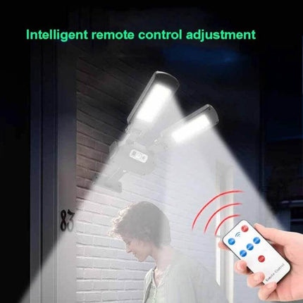 Two-Head Solar Motion Light For Outdoor Wall Ideal For Doorways - dual COB LEDs 600 lumens illuminating entryway with remote control