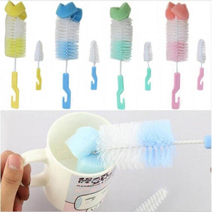 Two-Pack Baby Bottle Cleaning Brush Set For Bottles with nylon bristles, large 25cm bottle brush and small 13cm nipple brush in assorted pastel colors