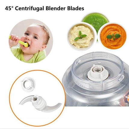 Two-Pack Mini Baby Food Maker, Electric Steamer and Stirrer showing 45° centrifugal blender blades, pureed baby food bowls and feeding baby