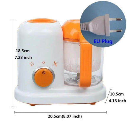 Two-Pack Mini Baby Food Maker, Electric Steamer and Stirrer compact orange white units with EU plug and measurement labels