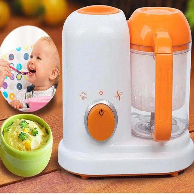 Two-Pack Mini Baby Food Maker, Electric Steamer and Stirrer compact white-orange unit steaming and blending small batches for babies and elderly