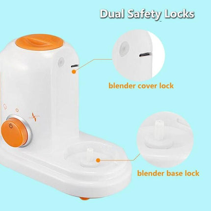 Two-Pack Mini Baby Food Maker, Electric Steamer and Stirrer showing dual safety locks with blender cover lock and blender base lock