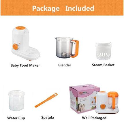 Two-Pack Mini Baby Food Maker, Electric Steamer and Stirrer showing baby food maker, blender, steam basket, water cup, spatula and packaged set