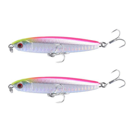 2-Piece Sinking Pencil Lure For Long Casting Fishing - pink/green lifelike ABS plastic bait with metal treble hooks