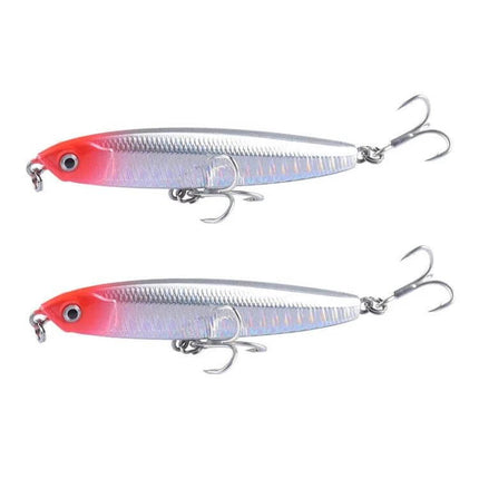 2-Piece Sinking Pencil Lure For Long Casting Fishing white-silver red head realistic baitfish design, ABS plastic metal components, treble hooks