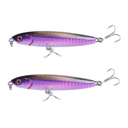 2-Piece Sinking Pencil Lure For Long Casting Fishing - purple realistic ABS plastic baitfish with treble hooks for deep, long-cast strikes