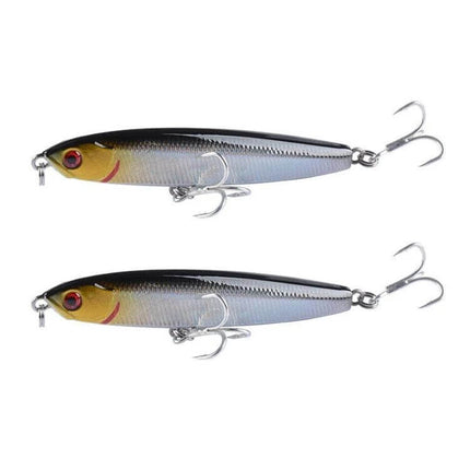 2-Piece Sinking Pencil Lure For Long Casting Fishing showing two realistic ABS plastic sinking pencil lures with treble hooks