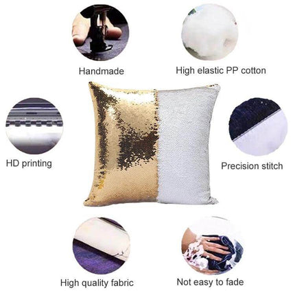 Two Tone Glitter Sequins Pillow Cover, 40x40 CM, Reversible gold and silver sequin pillow showing reversible glitter and suede sides with features icons