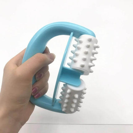 Two-Wheel Massager With Round Handle For Full-Body Relaxation handheld blue plastic model T91422 with textured white rolling knobs for muscle relief