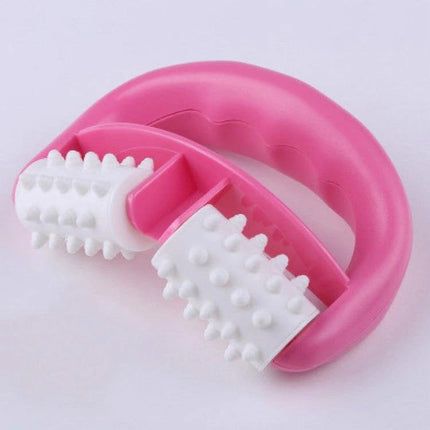 Two-Wheel Massager With Round Handle For Full-Body Relaxation - compact pink plastic hand-held roller (Model T91422) for post-workout and travel muscle relief