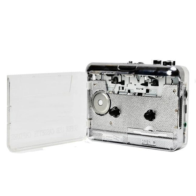 Portable Cassette Tape to MP3 Converter with Type-C Power showing open cassette compartment and Type-C powered portable digitizer