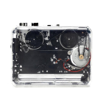 Portable Cassette Tape to MP3 Converter with Type-C Power - clear-shell cassette digitizer showing internal reels, motor and Type-C power port