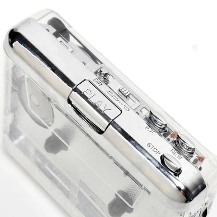 Portable Cassette Tape to MP3 Converter with Type-C Power - clear portable cassette digitizer with play and stop buttons