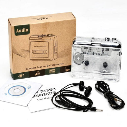 Portable Cassette Tape to MP3 Converter with Type-C Power showing clear cassette player, Type-C cable, headphones, CD and user manual