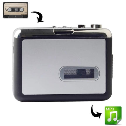 Portable USB Cassette Tape to MP3 Converter Device shown converting a cassette tape to MP3 on a USB drive