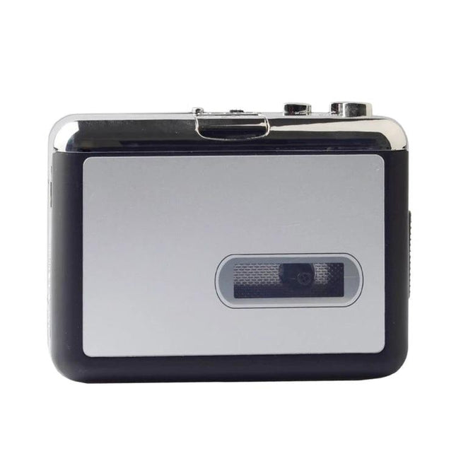 Portable USB Cassette Tape to MP3 Converter Device shown front view silver and black portable unit ready for tape digitization