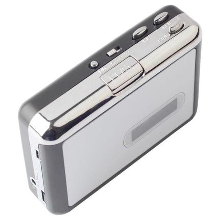Portable USB Cassette Tape to MP3 Converter Device - compact silver portable cassette-to-MP3 recorder with USB port and control buttons