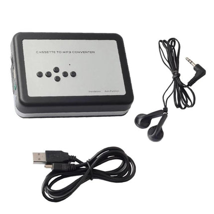 Portable USB Cassette Tape to MP3 Converter Device with USB cable and earbuds for digitizing tapes