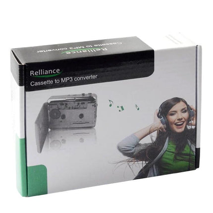 Portable USB Cassette Tape to MP3 Converter Device in retail box showing cassette image and smiling woman with headphones