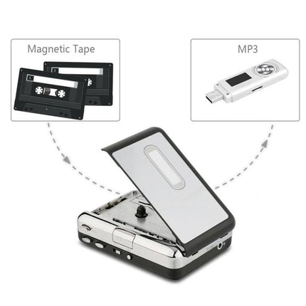 Portable USB Cassette Tape to MP3 Converter Device showing cassette to USB flash drive conversion