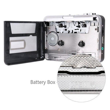 Portable USB Cassette Tape to MP3 Converter Device showing open cassette compartment and battery box close-up