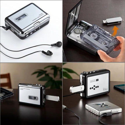 Portable USB Cassette Tape to MP3 Converter Device showing cassette inserted and USB flash drive for direct MP3 recording