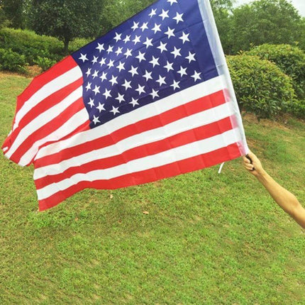 US Flag 150x90 Cm For Home Display And Outdoor Use - polyester flag flown from hand on front lawn, visible from sidewalk