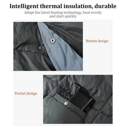 USB Electric Heating Shawl For Outdoor Winter Comfort showing button design and pocket with USB power bank for quick heating