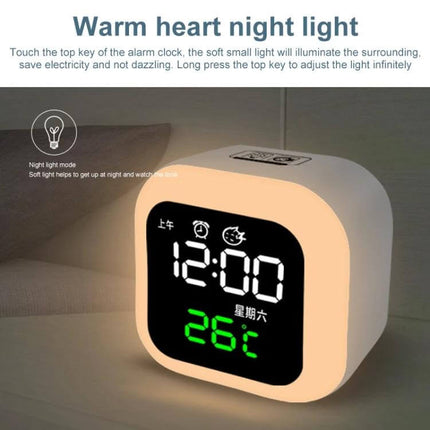 USB Home Smart Clock With Night Light For Bedroom Use showing soft warm heart night light display, digital time and 26°C temperature, USB charging port
