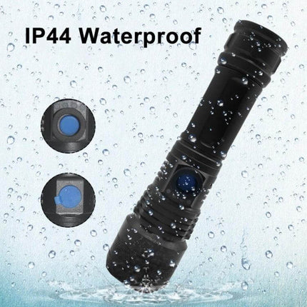 USB Rechargeable Spotlight Mini LED Flashlight For Outdoor Use – IP44 waterproof compact black torch with 300m beam and USB rechargeable 1200mAh battery