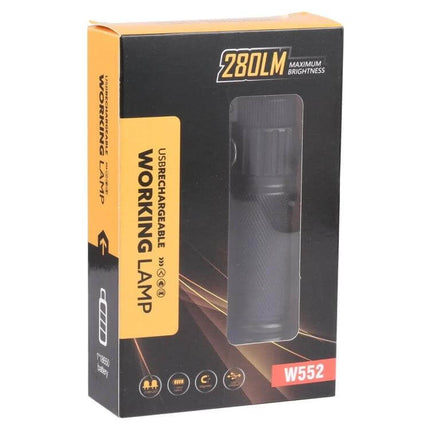 USB Rechargeable Folding Handheld Work Light Size 13.5x3.8cm in retail packaging showing compact aluminum lamp with 280LM brightness