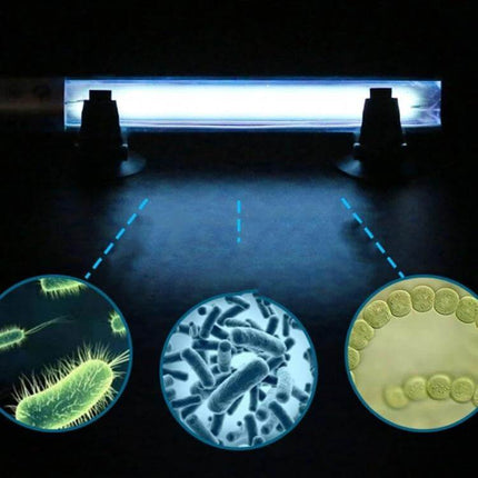 UV Fish Tank Lamp For Algae Disinfection US Plug Home Use - 9W inline UV-C quartz tube showing bacteria and algae reduction for clearer aquarium water