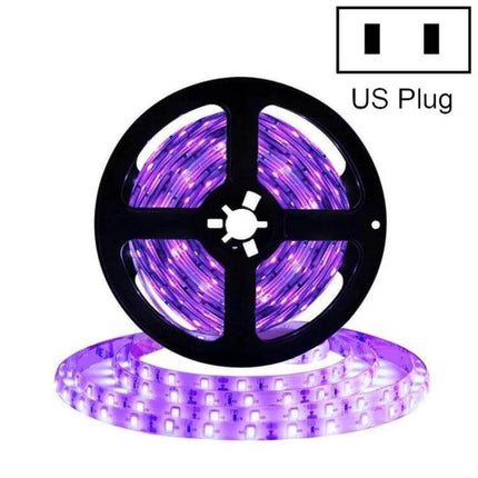 UV Purple LED Light Strip Waterproof For Home Decor on reel with glowing purple LEDs and US plug, IP65 splash‑resistant accent lighting