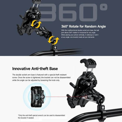 Ulefone Armor Mount Pro Universal Bicycle Handle Phone Holder showing 360° rotation and innovative anti-theft base for secure one-handed mounting