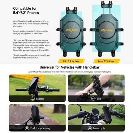 Ulefone Armor Mount Pro Universal Bicycle Handle Phone Holder mounted on bike and scooter handlebars showing compatible 5.4–7.2" phones