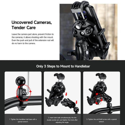 Ulefone Armor Mount Pro Universal Bicycle Handle Phone Holder mounted on handlebar showing uncovered camera access and three-step installation