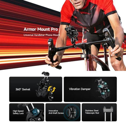 Ulefone Armor Mount Pro Universal Bicycle Handle Phone Holder mounted on bike handlebars showing 360° swivel, vibration damper and one-handed use