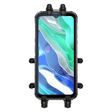 Ulefone Armor Mount Pro Universal Bicycle Handle Phone Holder mounted on handlebars securing a smartphone with full screen access and unobstructed camera