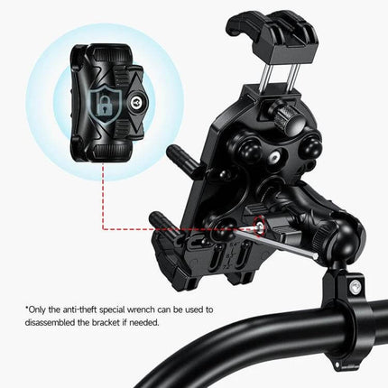 Ulefone Armor Mount Pro Universal Bicycle Phone Holder 360 Rotation showing secure lock, metal rod knob and handlebar clamp on bike