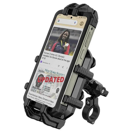 Ulefone Armor Mount Pro Universal Bicycle Phone Holder 360 Rotation mounted on bike handlebar showing phone screen secured