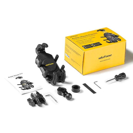 Ulefone Armor Mount Pro Universal Bicycle Phone Holder 360 Rotation shown with box and mounting parts for secure bike phone setup
