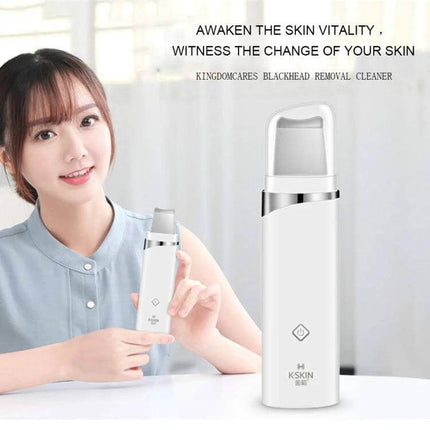 Ultrasonic Blackhead Remover Pore Cleaner For Facial Care - white handheld device with LED, woman demonstrating at-home pore cleansing